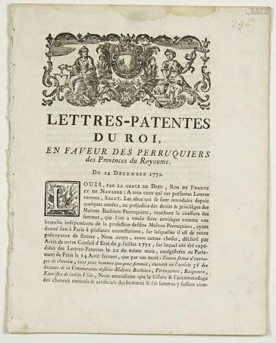 MAITRES BARBIERS PERRUQUIERS. «Lettres patentes du...