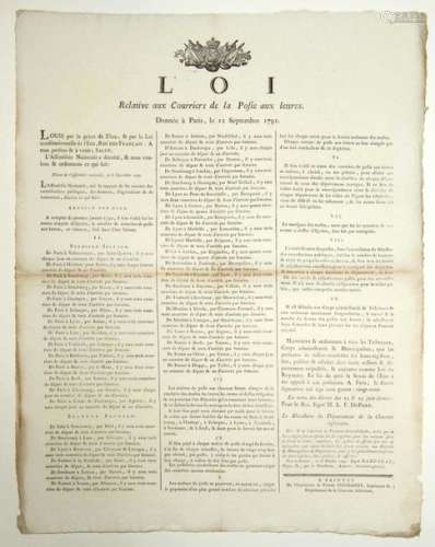 POSTE AUX LETTRES. 1791. Placard (53 x 42) «LOI re...