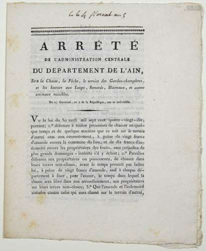 AIN. CHASSE AUX LOUPS. 1797. 