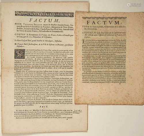 PROVENCE. 2 FACTUMS: «FACTUM pour les Sieurs Consu...