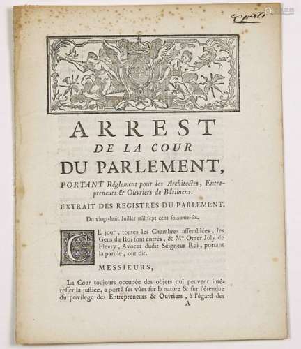 (PARIS. ARCHITECTES.) «Arrest de la Cour du Parlem...