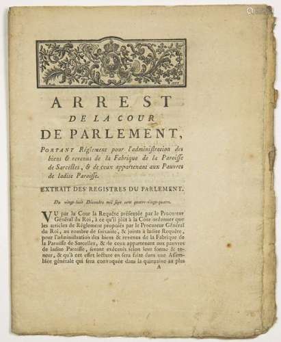 VAL D'OISE. SARCELLES. 1784. «Arrest de la Cour de...