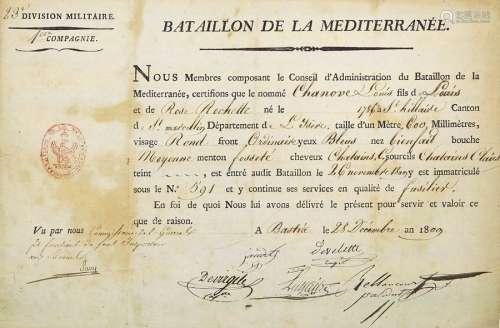 CORSE. BATAILLON DE LA MÉDITERRANÉE. 1809. Pièce s...
