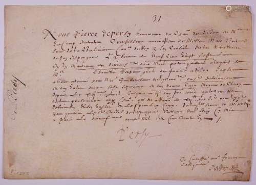 BOURGOGNE. 1631. Pièce signée sur vélin par Pierre...
