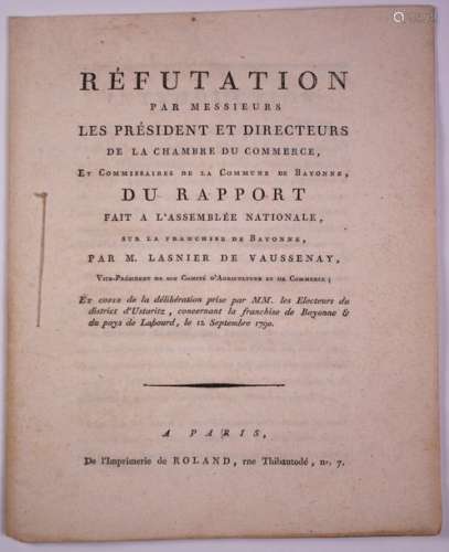 FRANCHISE DE BAYONNE (64). 1790. «Réfutation par M...