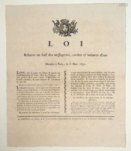 POSTES & MESSAGERIES. 1791. Placard (38 x 32) «LOI...