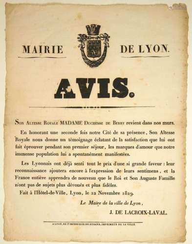 (DUCHESSE DE BERRY. LYON 1829) Avis du Maire de Ly...
