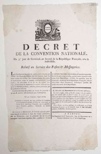POSTES & MESSAGERIES. 1794. Placard (42 x 26). «Dé...