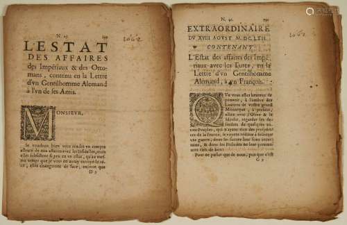 (PORTE OTTOMANE. 1662) 2 Gazettes in 4°, en feuill...