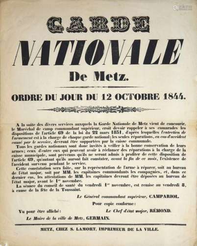 (MOSELLE. 1844) «GARDE NATIONALE DE METZ». Ordre d...