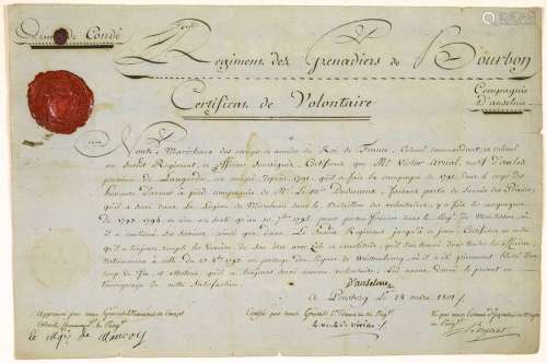 (ARMÉE DES PRINCES. 1801) «ARMÉE DE CONDÉ.» Certif...