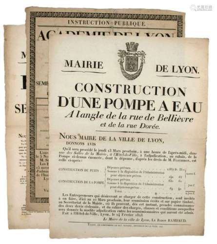 «MAIRIE DE LYON». 1823 3 PLACARDS (53 x 42), impri...