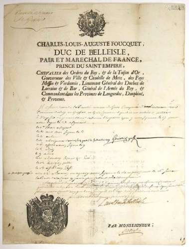 Louis Charles Auguste Fouquet, Duc de BELLE ISLE, ...