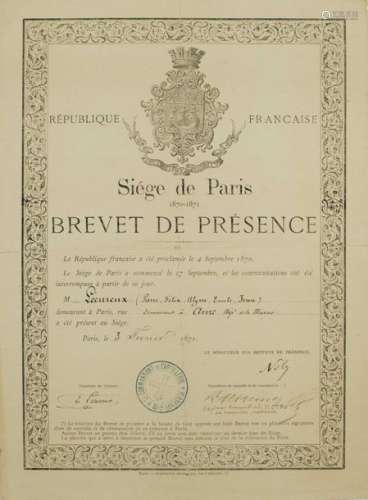 (SIÈGE DE PARIS. 1870 1871. MARNE.) BREVET DE PRÉS...