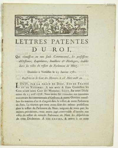 METZ (57). ORFÈVRES, LAPIDAIRES. 1781. «Lettres pa...