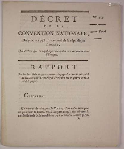 DÉCLARATION DE GUERRE à L'ESPAGNE. 1793. «Décret d...
