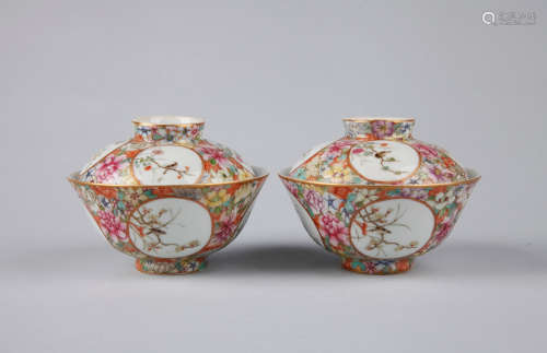 Pair of Chinese famille rose porcelain bowls with covers, decorated with hundreds flowers, Qianlong mark.