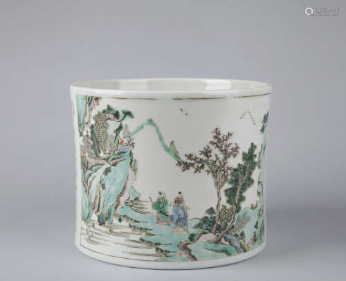 Chinese famille verte porcelain brush pot, Kangxi mark.