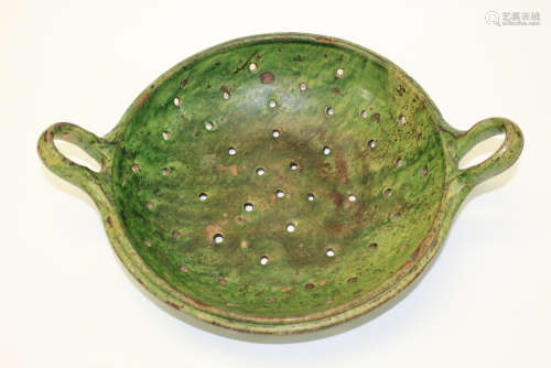Antique green glaze pottery strainer
