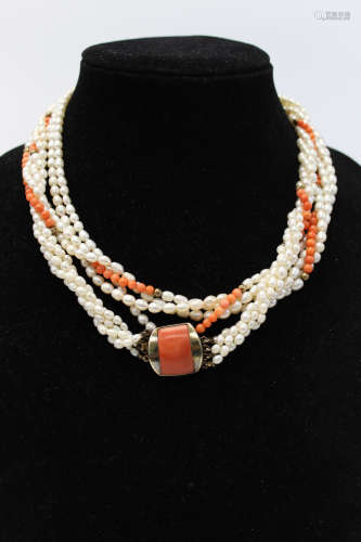 Sterling pearl and coral necklace
