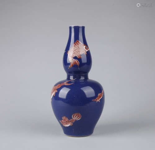 Chinese powder blue and iron red double gourd porcelain vase, Kangxi mark.