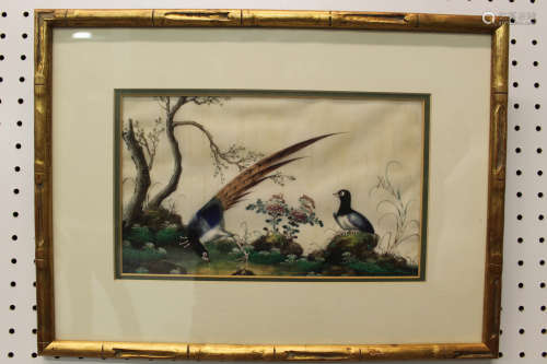 Chinese antique gouache painting on rice paper of 2 pheasants