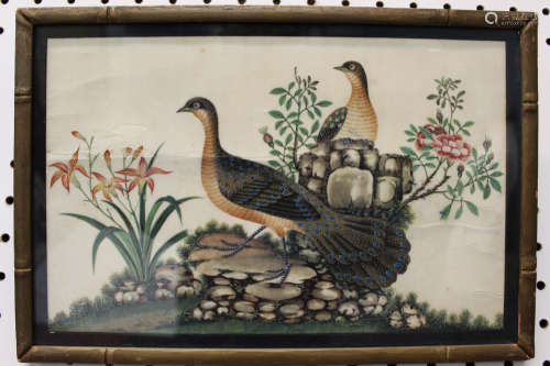 Chinese antique gouache painting on rice paper of 2 peacocks.