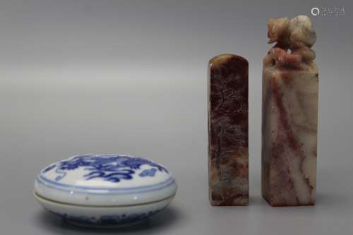 Chinese blue and white porcelain ink box and two