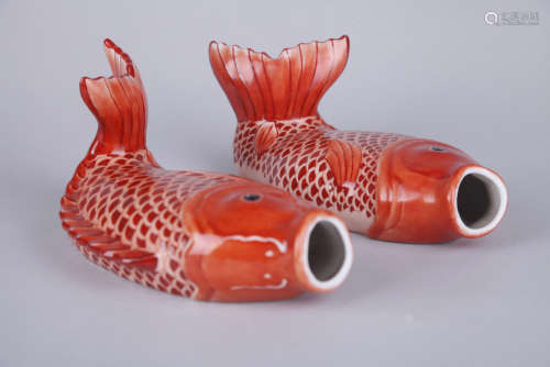 Pair of Chinese iron red porcelain wall vases.