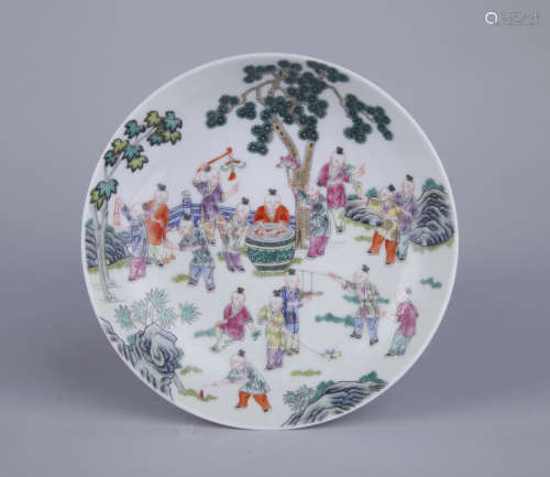 Chinese famille rose porcelain dish, marked.