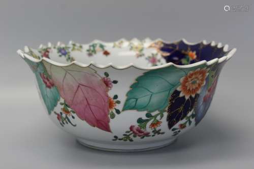 Chinese tobacco leaf famille rose porcelain punch bowl.