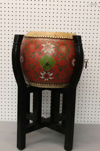 Chinese lacquered drum on wood stand, 19th Century.
