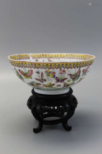 Chinese egg shell porcelain bowl on wood stand.