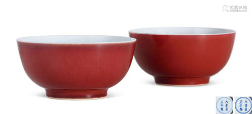 清雍正 霁红釉式碗 （一对）