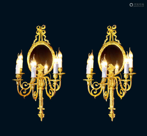 约1870-1890年 法国 路易十六风格 铜鎏金镜面壁灯 （一对）