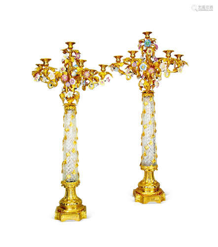 约1870-1890年 法国 铜鎏金水晶装饰烛台 （一对）