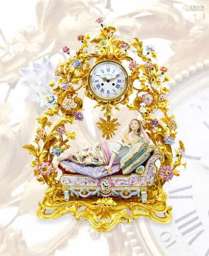 约1890-1900年 法国 新洛可可风格 铜鎏金巴黎陶瓷人物座钟
