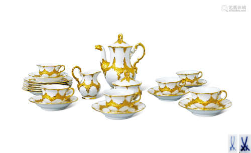 约1950年 德国 梅森MEISSEN出品“B Form”系列 白釉鎏金六人咖啡茶具 （一套）