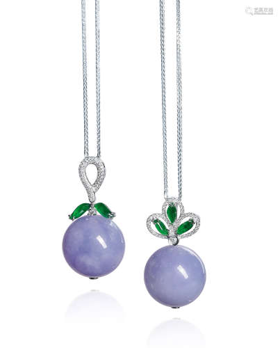 天然紫罗兰翡翠圆珠配满绿翡翠及钻石吊坠项链 （一对）