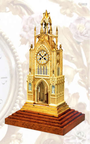 约1830-1840年 法国 哥特风格 铜鎏金镶陶瓷教堂式座钟配木制底座