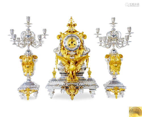 约1860-1870年 法国 拿破仑三世时期 铜鎏金及镀银座钟烛台 （三件套）