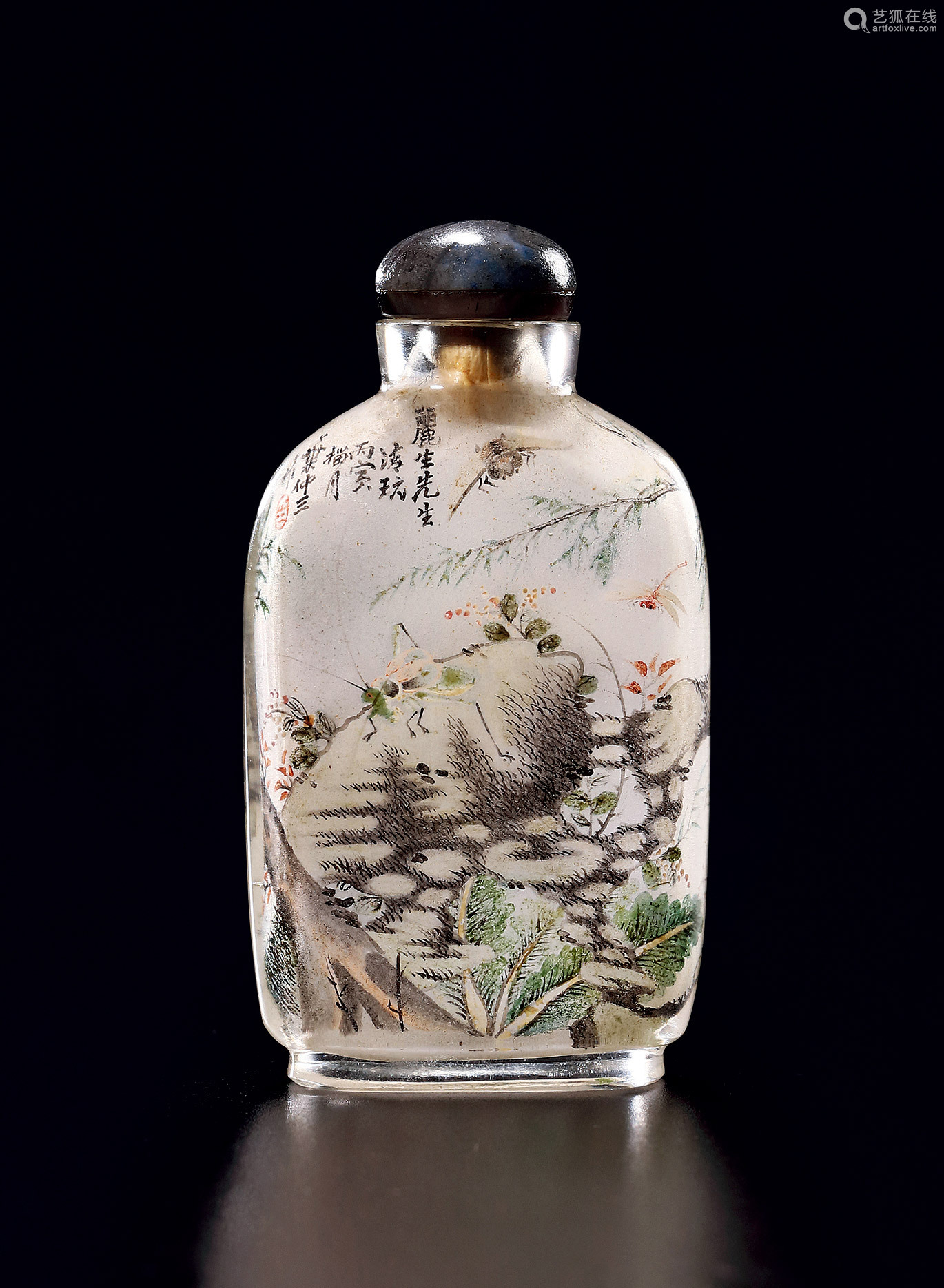 1926年叶仲三作玻璃内画深秋草虫图鼻烟壶