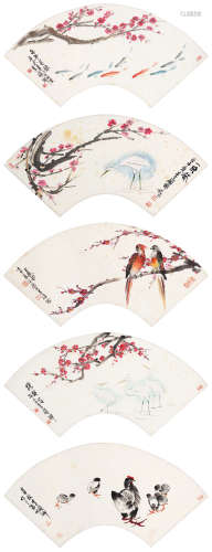 李硕卿（1908-1993） 花鸟扇面 横幅 设色纸本