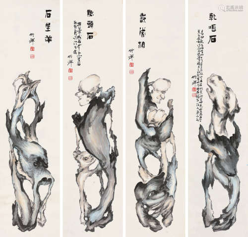 竹禅（1824-1901） 罗汉石四屏 镜片 设色纸本