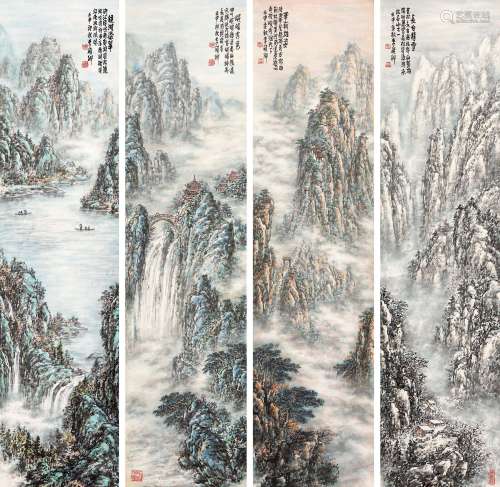 李硕卿（1908-1993） 湖山秋色四条屏 立轴 设色纸本