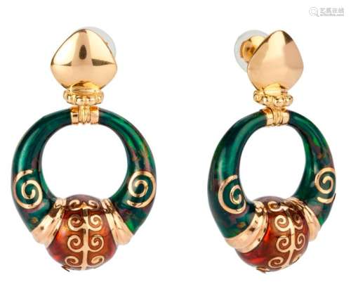 Yellow gold and enamel earrings SignedYellow g...