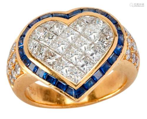 Heart shaped yellow gold ring set with approximate...