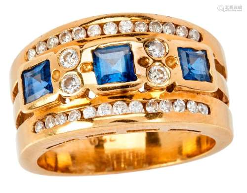 Yellow gold ring set wit sapphires and diamonds...