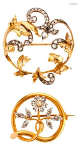 2 gold and silver brooches set with rose cut diamo...