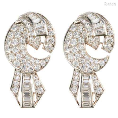 Art Deco platinum and gold ear clips set with cali...